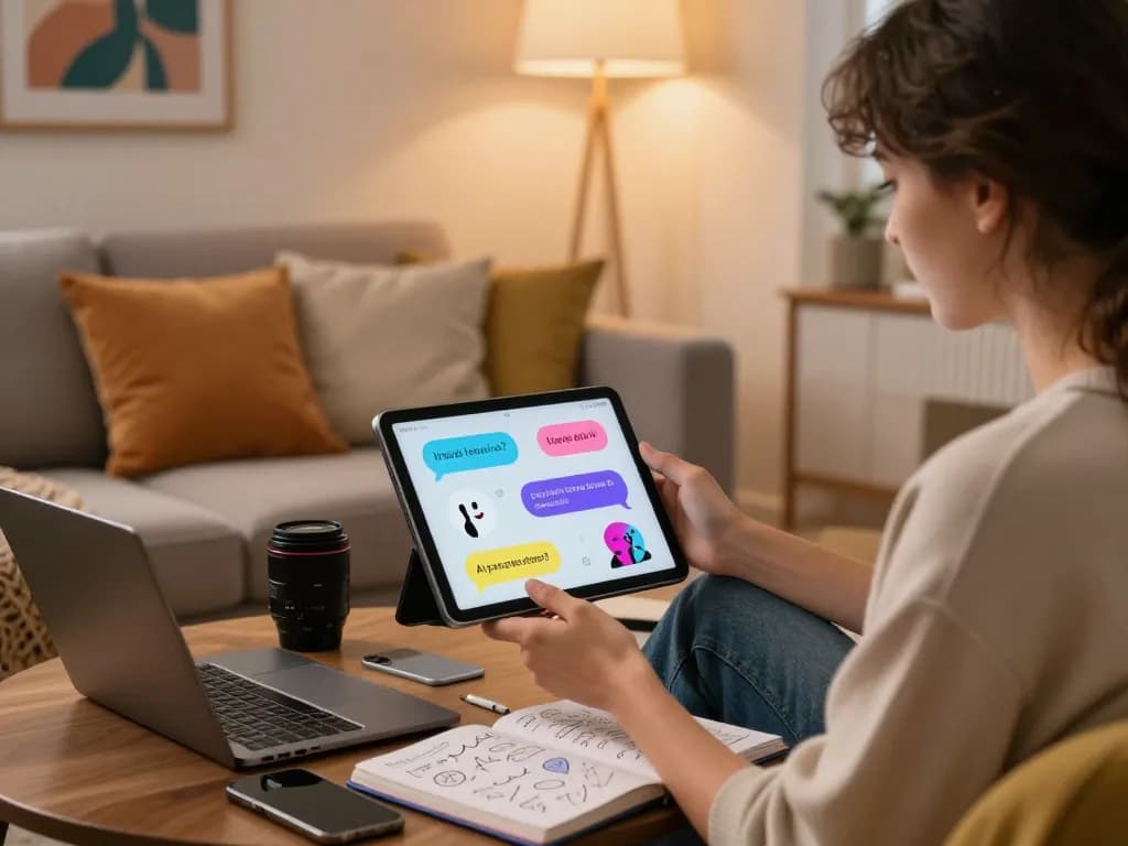Engaging scene of a cozy user interacting with an AI porn chat on a tablet, blending modern tech with inviting ambiance.