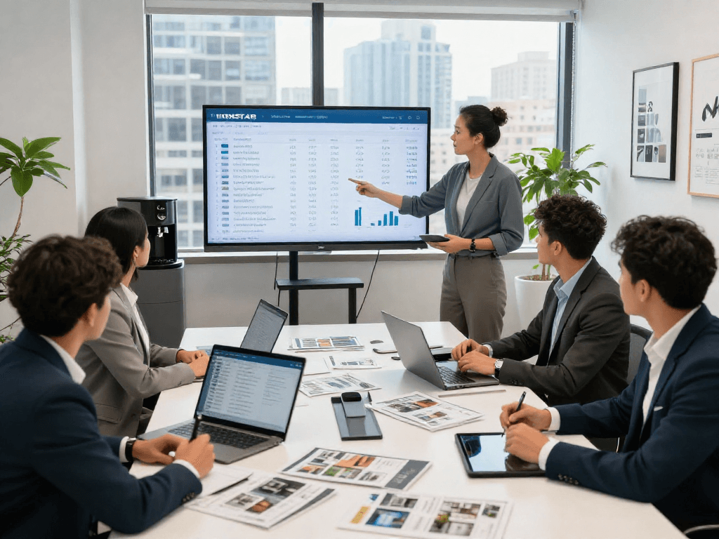 Real estate professionals discussing IDXSTAR listings in a modern office setting with data visualizations and collaboration.
