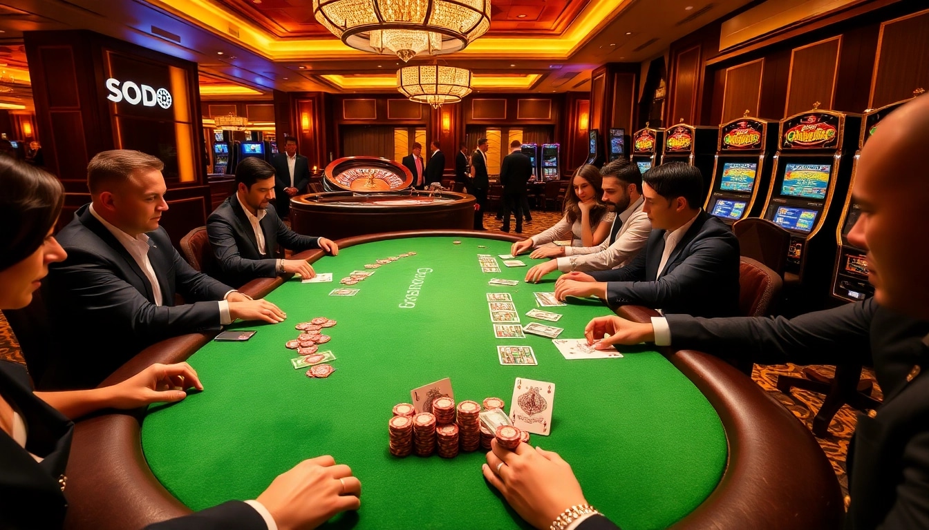 SODO CASINO excitement captured in a vibrant luxurious casino atmosphere with poker tables and slot machines.