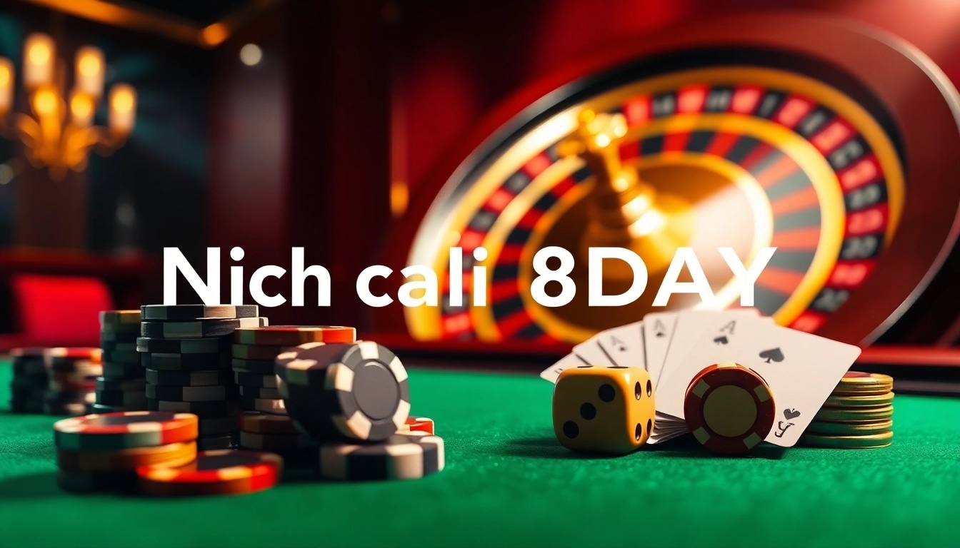 Playing poker chips and cards at Nhà cái 8DAY casino table, showcasing an exciting gambling atmosphere.