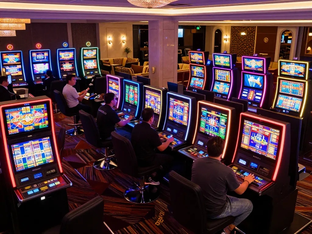 Players enjoying LV88 slot machines in a vibrant casino setting, showcasing excitement and engagement.