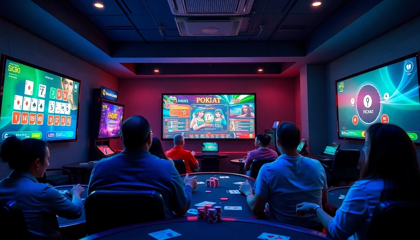 Exciting online gaming scene representing gamebaidoithuong.com.vc, showcasing players enjoying various card games.