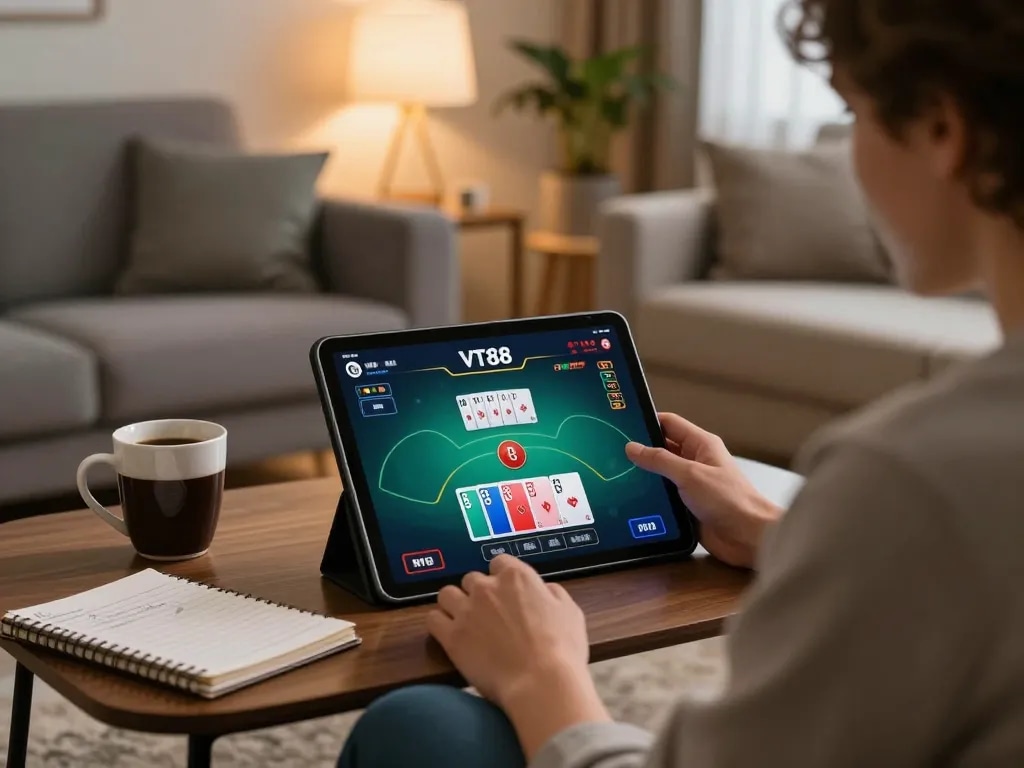 Engaging online poker gameplay experience with VT88 in a cozy home setting, showcasing strategic betting.