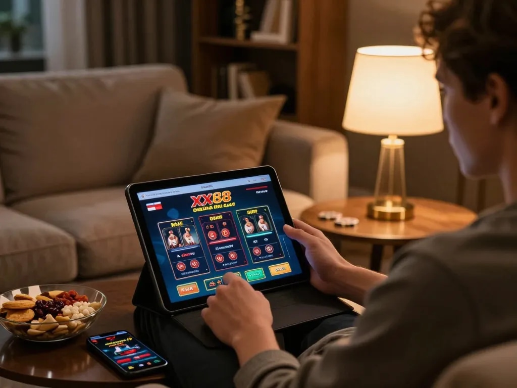 Experience online gaming with XX88 on a cozy home setup, showcasing personalized gambling.