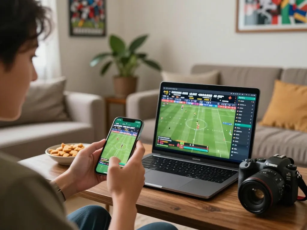 Engaged Hitclub player placing a bet during a live sports event using a smartphone