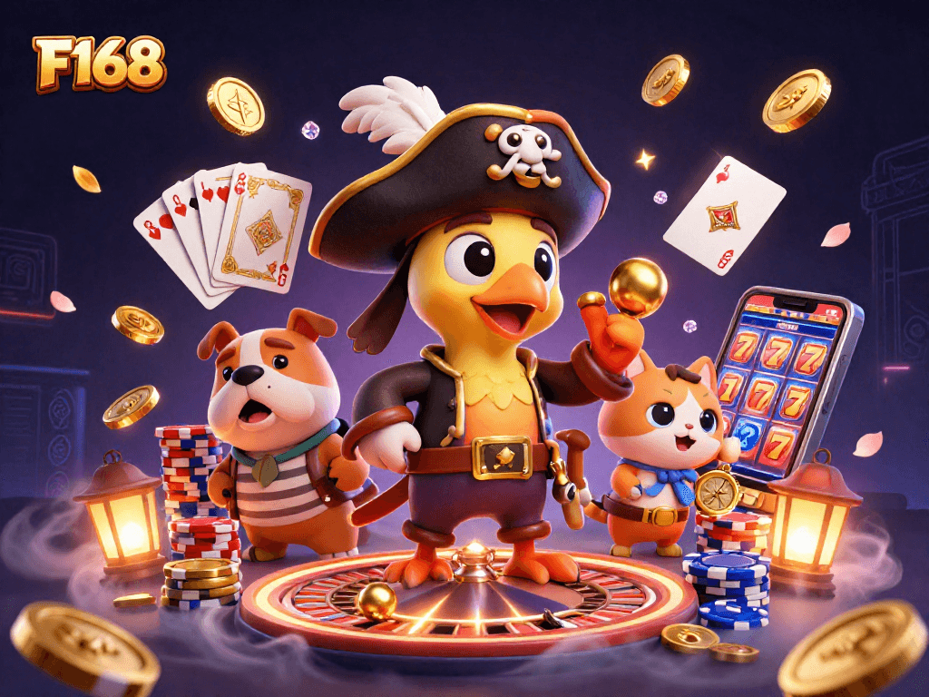 Experience F168's exhilarating casino adventure with vibrant characters and dynamic gaming elements.