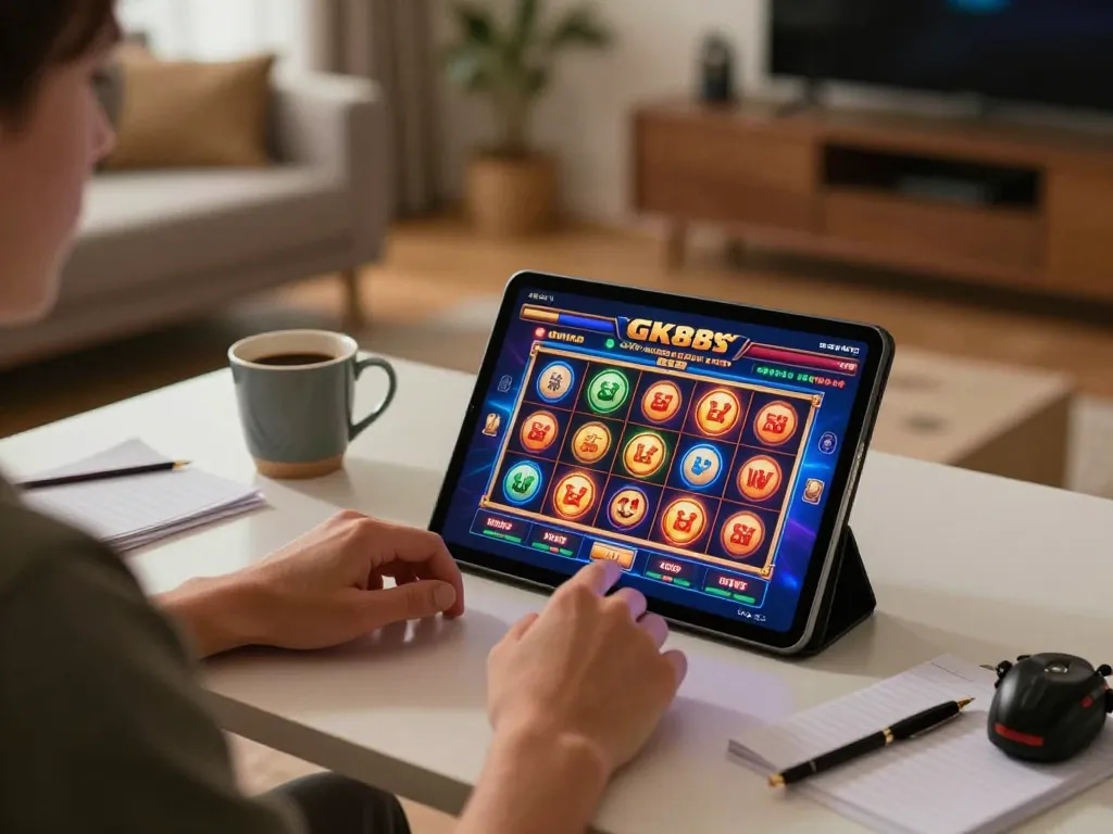 Player engaging with GK88’s casino app on tablet, highlighting a strategic gaming moment