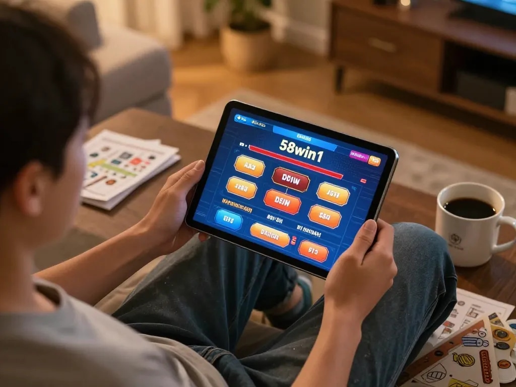 Player focusing on 58win1 casino app on tablet in a cozy home setup with strategy notes.