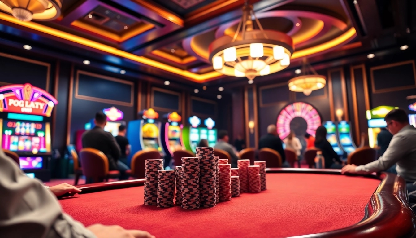 Exciting scene at Nhà cái TG88 featuring players at a poker table with roulette wheel and vibrant slot machines.