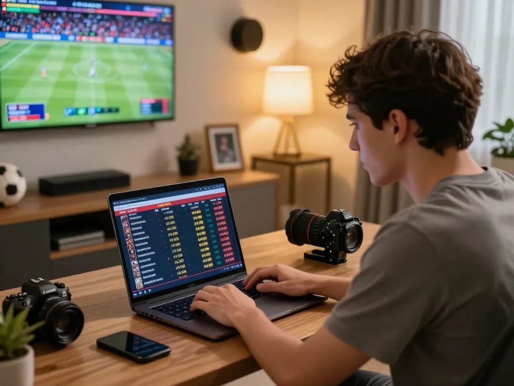 Focus on a young man examining live betting odds for 789p sports betting, showcasing an engaging home office setup.