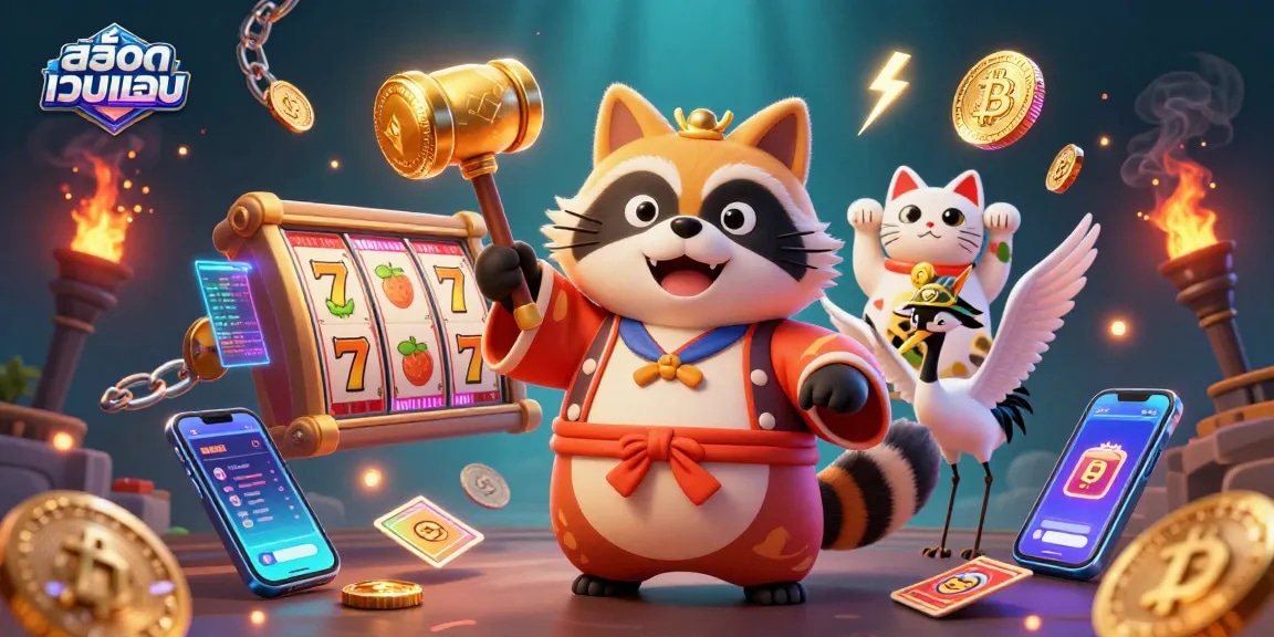 Experience winning thrills with สล็อตเว็บตรง, where vibrant casino elements converge in a colorful, festive illustration.