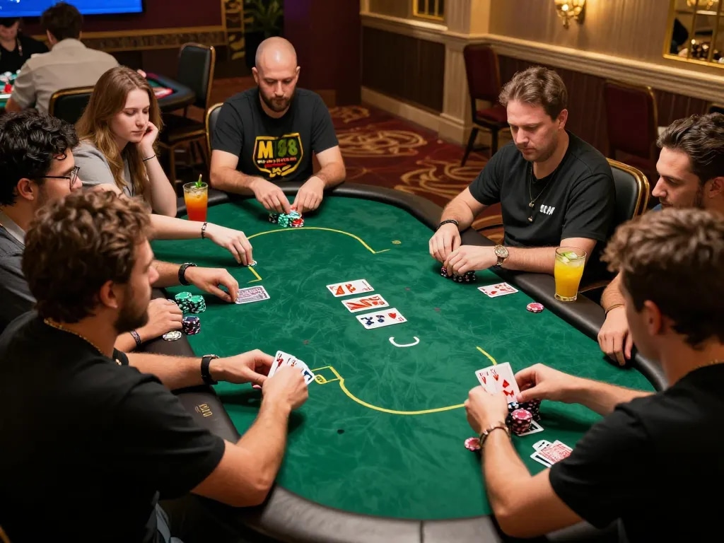 MM88 players strategizing bets at a lively poker table, showcasing competitive gameplay.