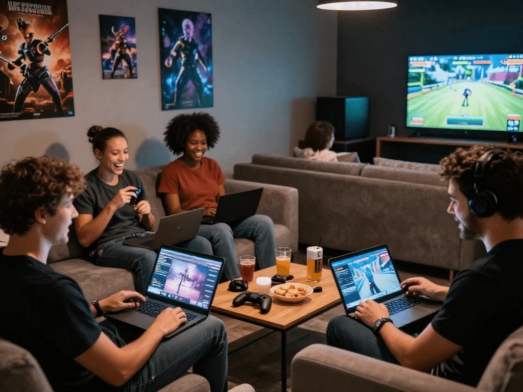 Adults playing various porn games online in a cozy lounge setting