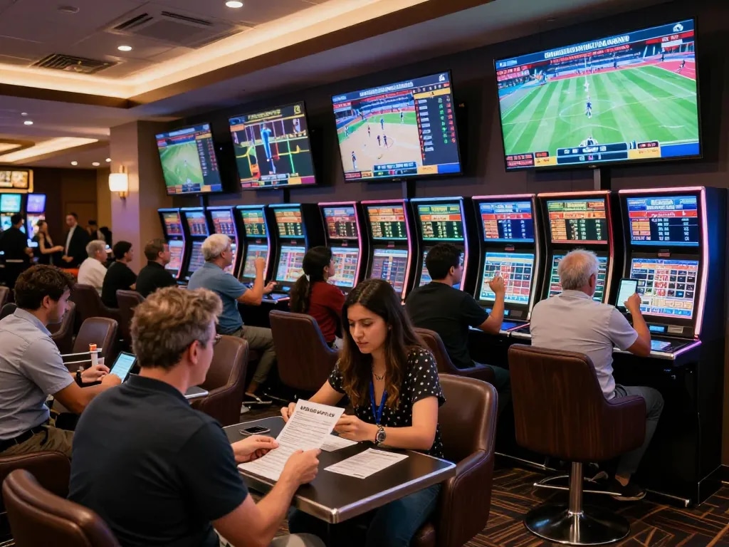 Engaged bettors strategizing with devices in MM88 TODAY sports betting lounge