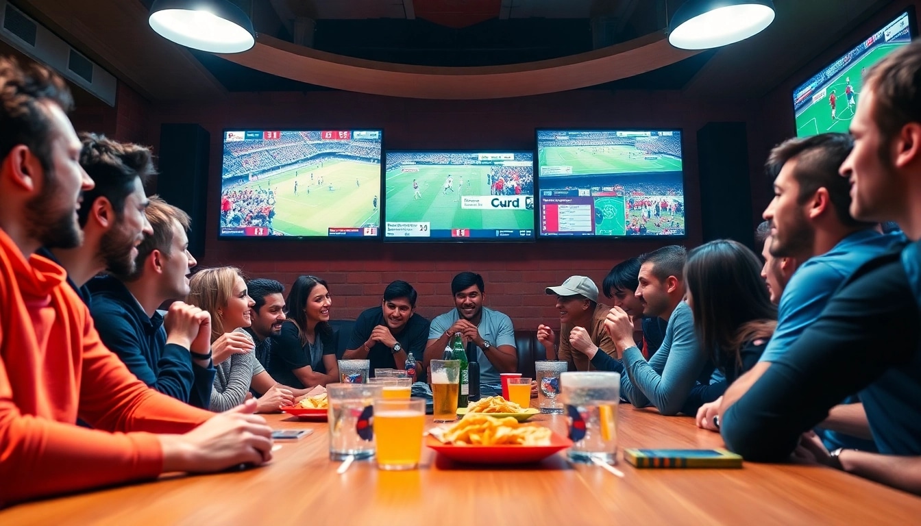 Live football streaming scene with passionate fans at joemadfan.com watching matches in a vibrant atmosphere.