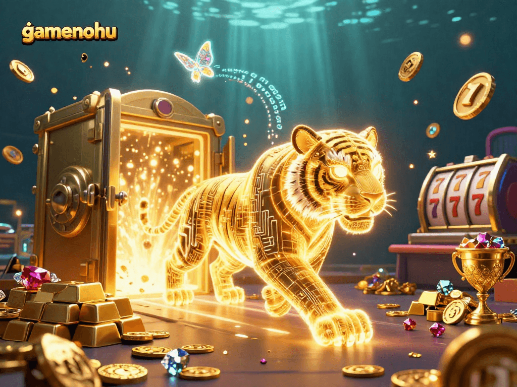 Experience the thrill of the gamenohu jackpot with a vibrant 3D casino illustration featuring golden treasures.
