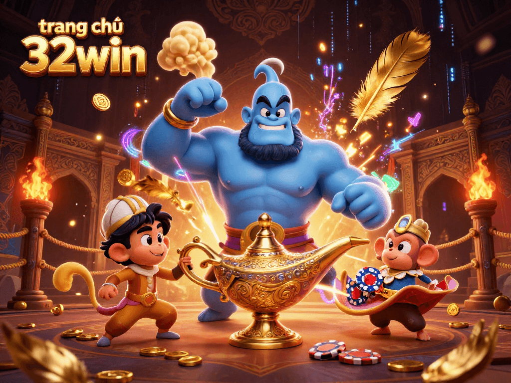 Experience the thrill of betting at trang chủ 32win with a vibrant 3D illustration of a genie and magic elements.