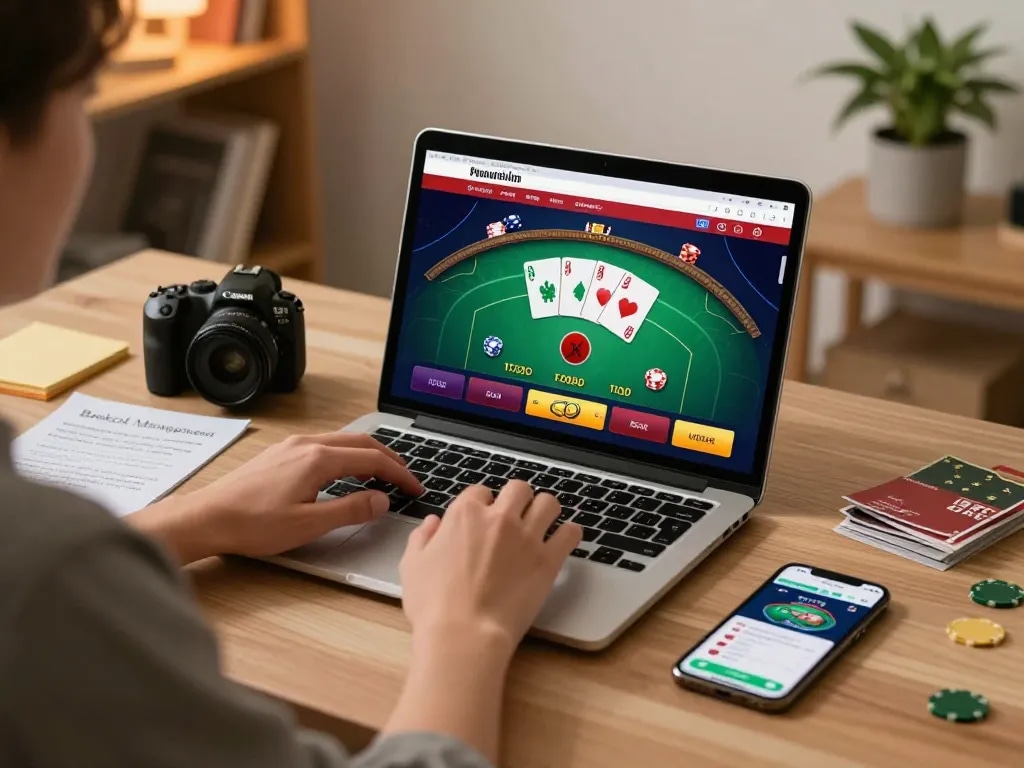 Engaged player using ko66 online casino app on laptop, showcasing strategic poker gameplay.