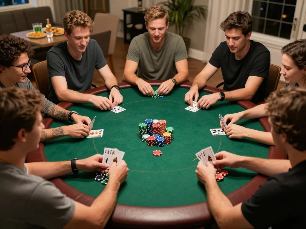 XX88 players engaging in a friendly poker game with a vibrant atmosphere at home.