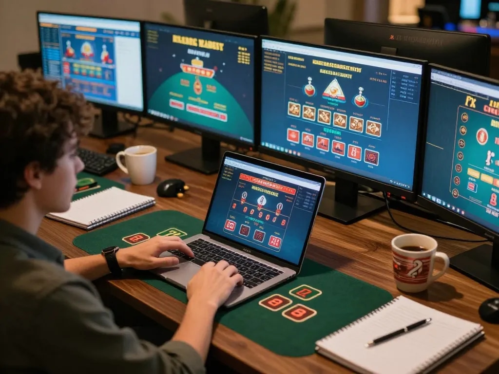 Player enjoying EE88 online blackjack in a cozy home setup with multiple gaming screens