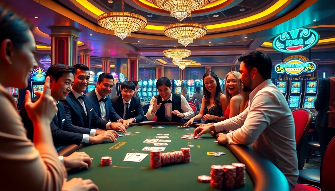 Players enjoying a thrilling poker game at KP88 casino, showcasing excitement and luxury.