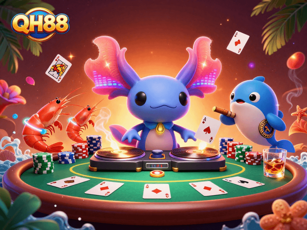 Experience thrilling QH88 casino action with a vibrant axolotl DJ in a dynamic poker scene.