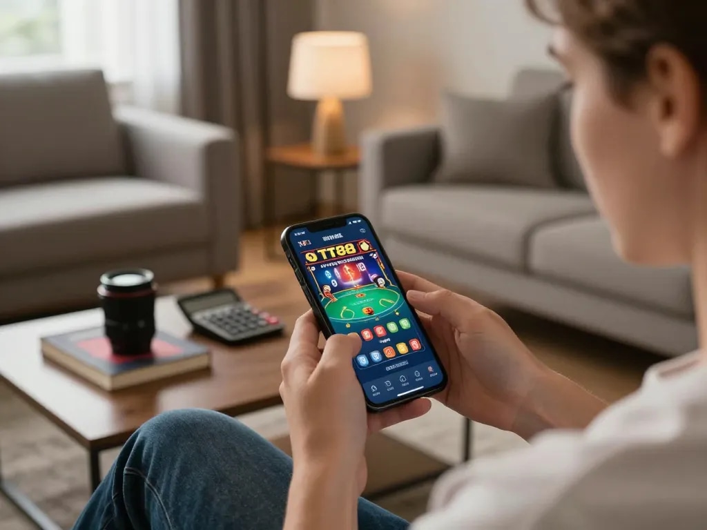 Engaging with the TT88 casino app on a smartphone for a strategic online gambling experience.