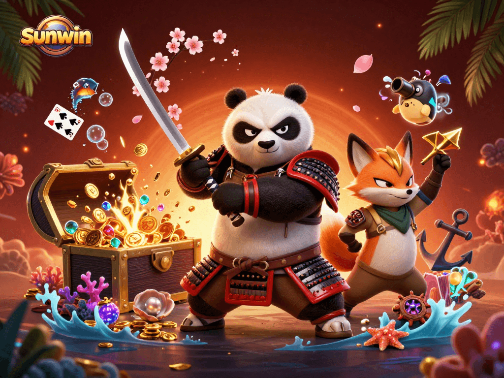 Experience the thrill of sunwin with vibrant characters and treasure in an epic casino scene.