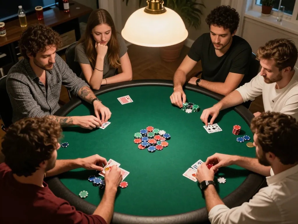 Bay789 players engaged in a friendly poker game at home, showcasing camaraderie and strategic betting.