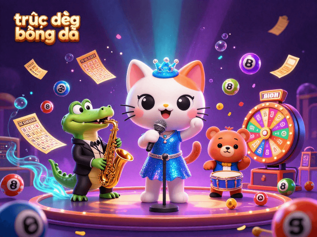 Experience trực tiếp bóng đá with an exciting casino scene featuring a singing cat, a saxophone crocodile, and a drumming bear cub.