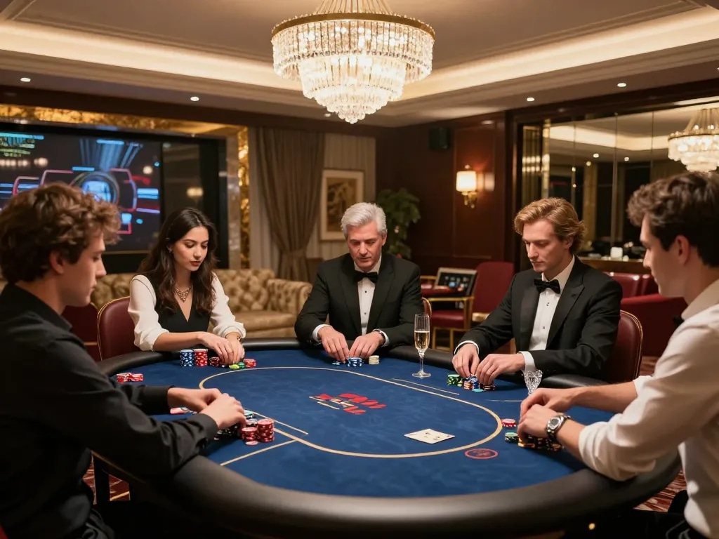 Engaged players enjoying high-stakes poker in NK88 VIP gaming room, exquisite atmosphere emphasized.