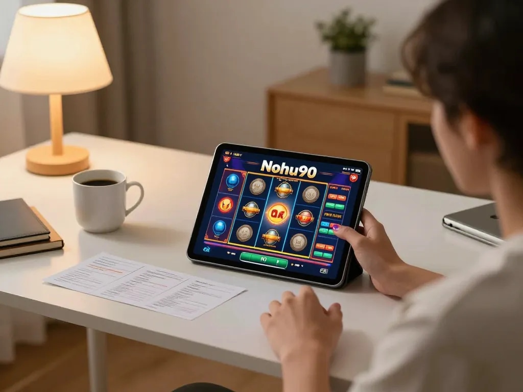 Nohu90 player engaging with live slot game on tablet during cozy home session