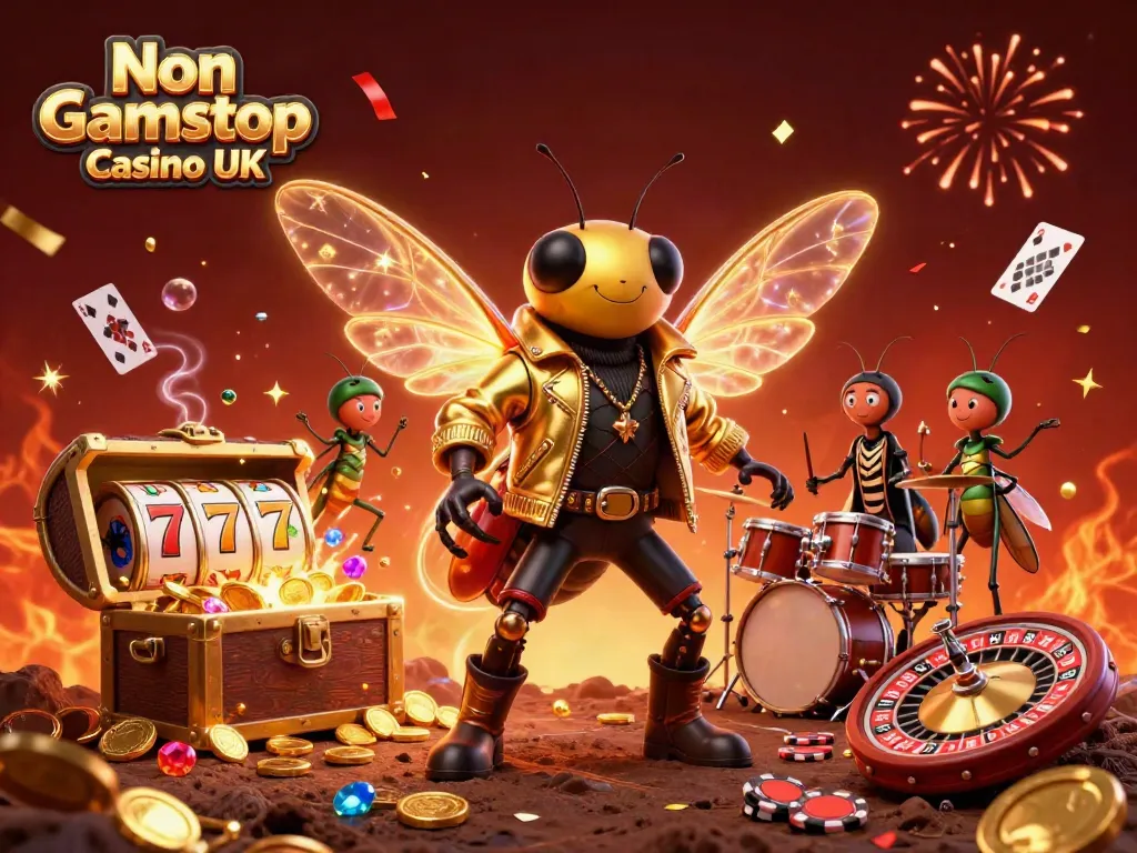 Engage with Non Gamstop Casino UK featuring a vibrant 3D illustration of a cicada rock star and golden treasures.