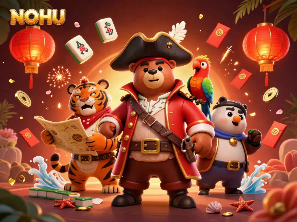 Experience thrilling action with NOHU's vibrant gaming scene featuring a pirate bear, tiger, and treasure.