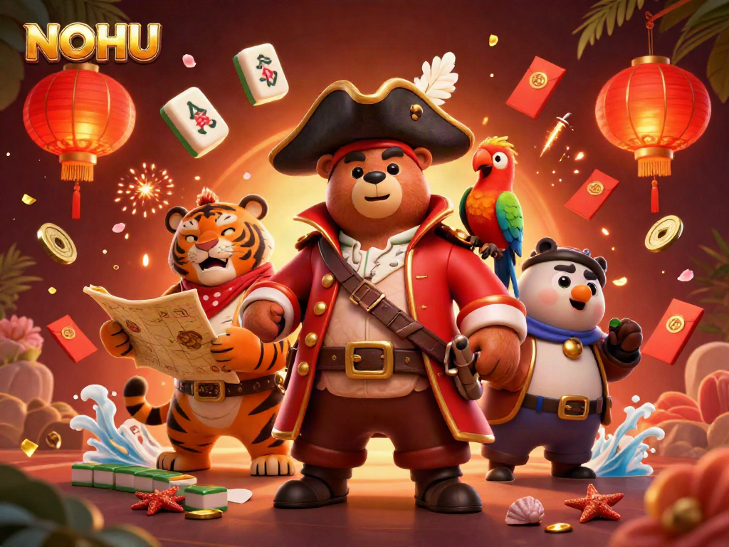 Experience thrilling action with NOHU's vibrant gaming scene featuring a pirate bear, tiger, and treasure.