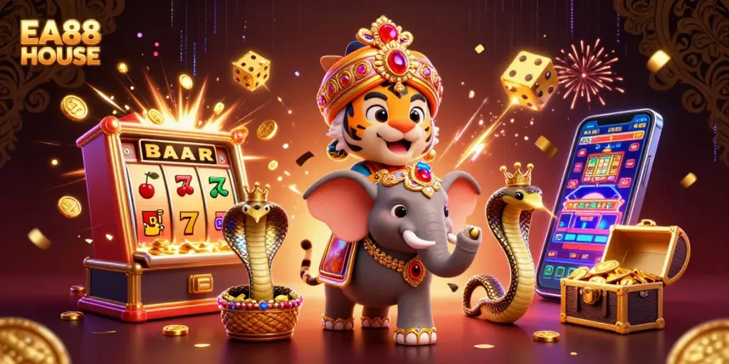 Experience the thrill of EA88 HOUSE with a vibrant 3D casino illustration packed with gaming action.