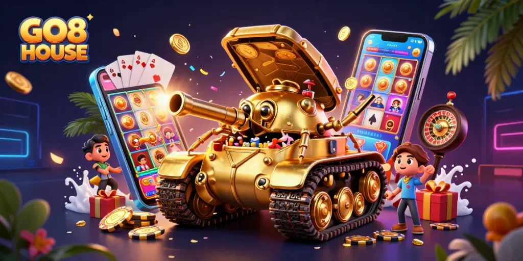 Experience GO8 HOUSE with an exciting 3D casino tank celebrating games, jackpots, and vibrant animations.