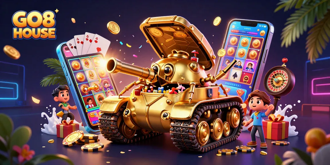 Experience GO8 HOUSE with an exciting 3D casino tank celebrating games, jackpots, and vibrant animations.