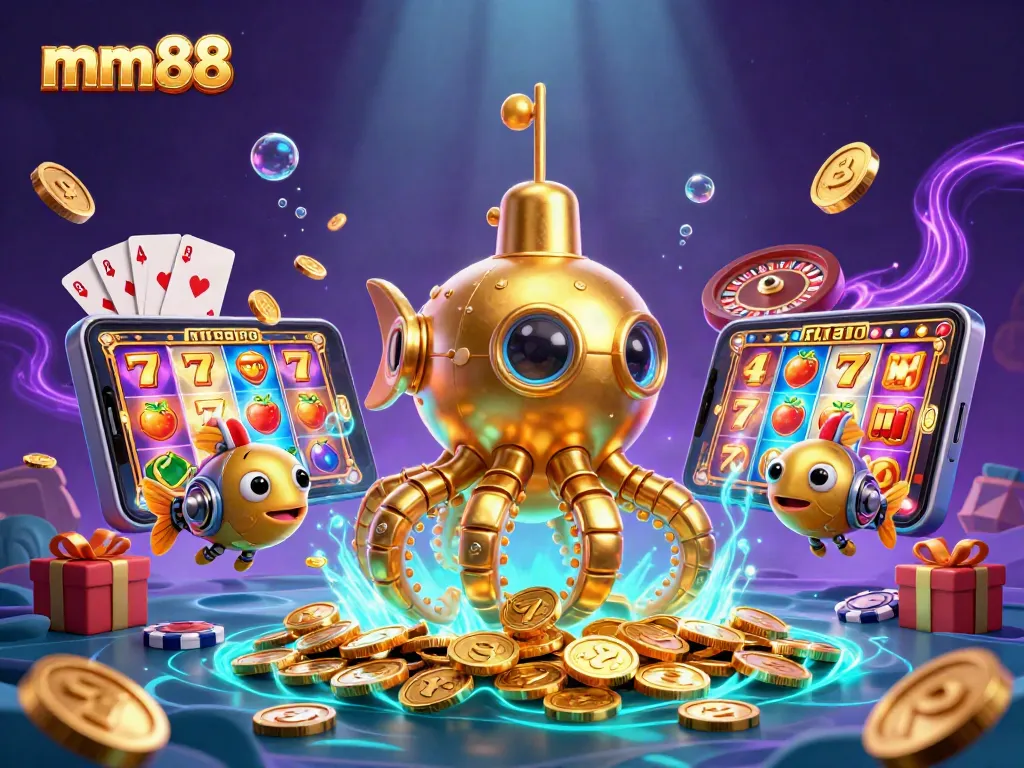 Spin and win with mm88 in a vibrant casino scene filled with gold coins and gaming excitement.