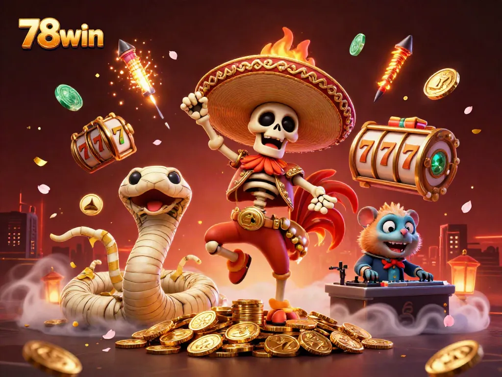 Experience thrilling gameplay during a victory dance at 78win with a mariachi rooster in a vibrant casino scene.