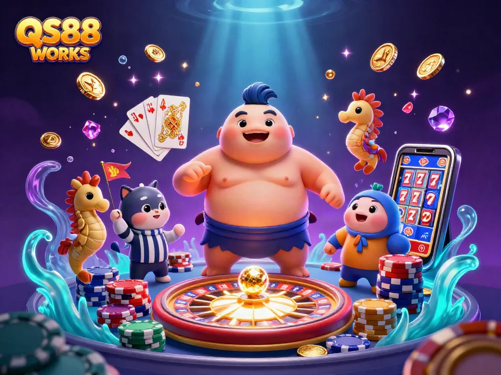 Spin and win at QS88 WORKS with vibrant casino characters and animated game elements.