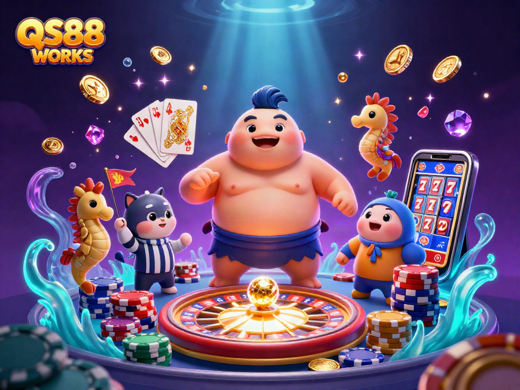 Spin and win at QS88 WORKS with vibrant casino characters and animated game elements.