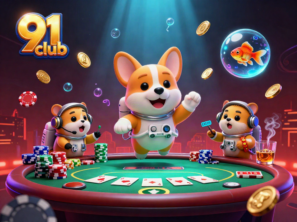 Engage in thrilling gameplay at 91 club with a vibrant casino scene featuring the playful astronaut corgi.