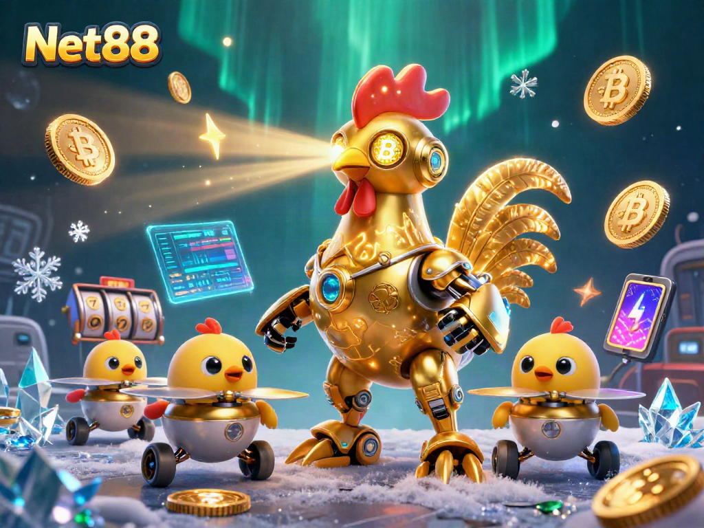 Engage with Net88's exciting casino experience featuring colorful slot elements and vibrant crypto icons.