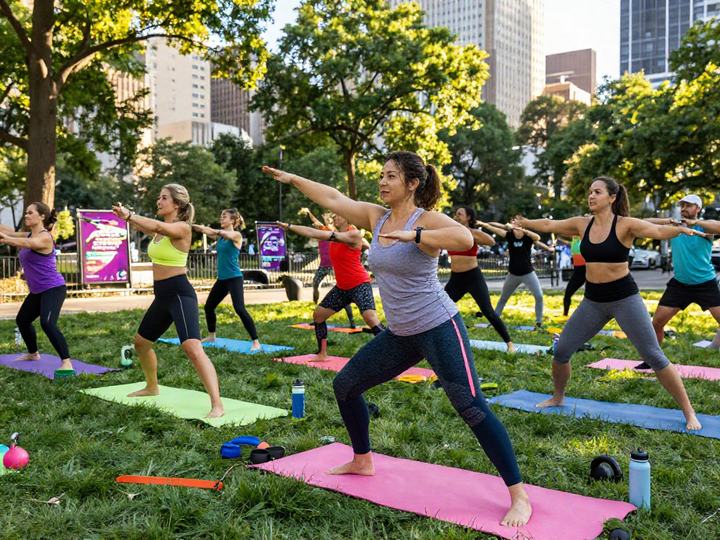 Athletic woman in stylish activewear participating in a dynamic urban group workout, showcasing ai slut lifestyle and fitness community.