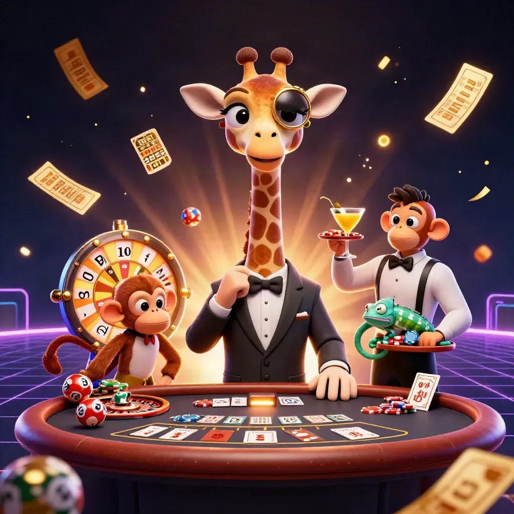 Giraffe high roller, monkey valet and chameleon bartender in a luxe casino glow.