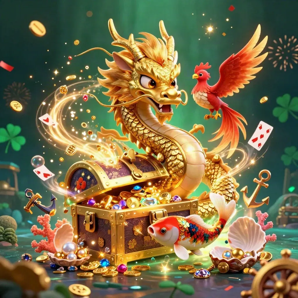Golden dragon, phoenix, koi and treasure burst in a premium dark casino fantasy scene.