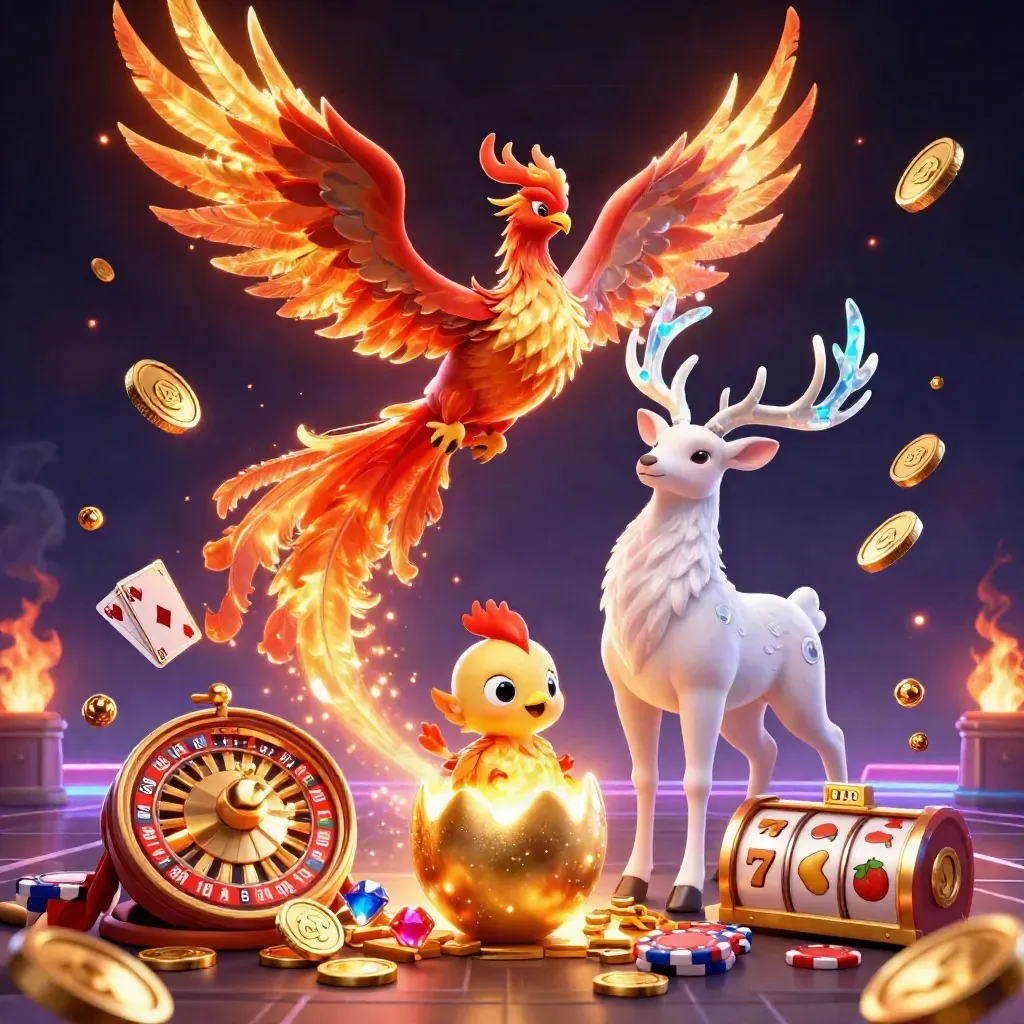 Phoenix, hatchling and crystalline stag amid coins, gems, cards and fiery casino effects on dark navy.