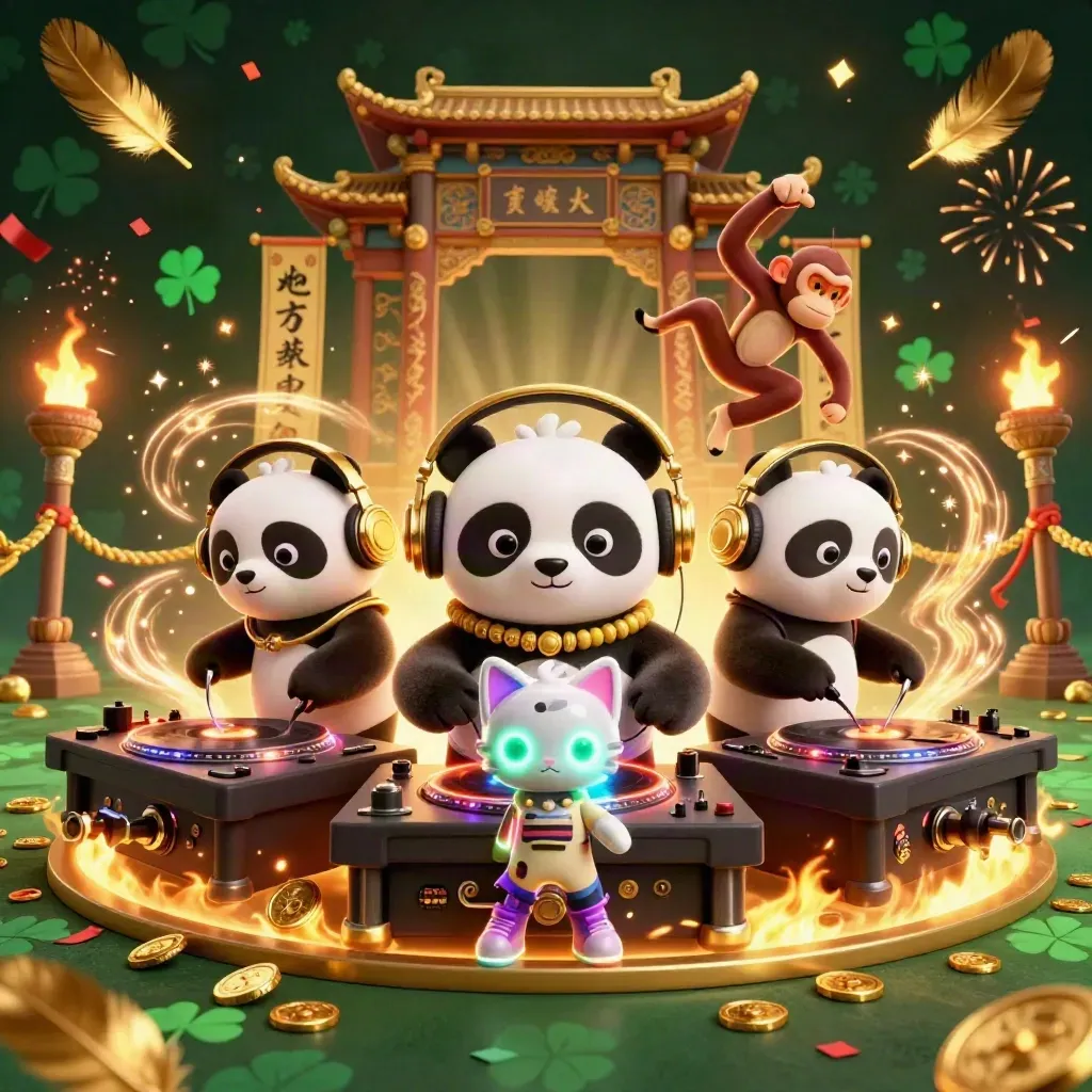 DJ panda, dancing monkey and rave kitten amid gold coins, temple gate and fireworks.