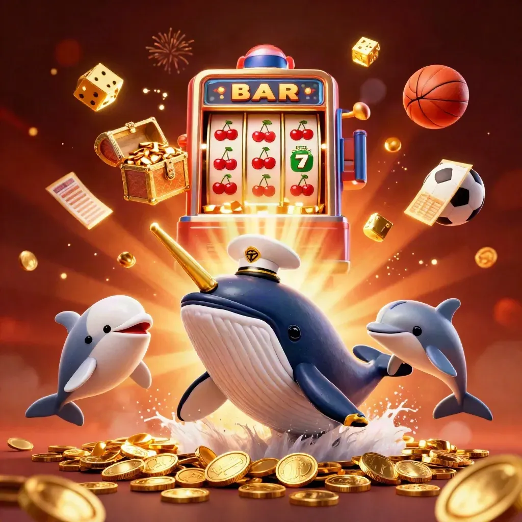 Whale captain, narwhal and dolphins burst through coins with slots, gold and fireworks.